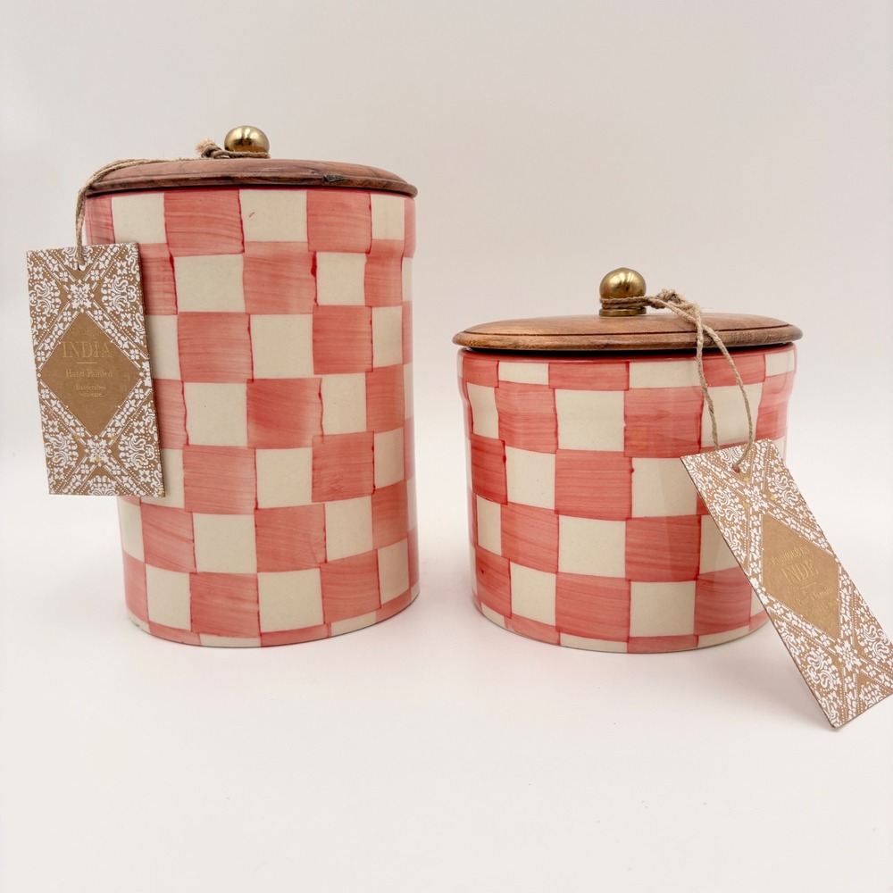 Made in India Pink Checkered Ceramic Canister Set of 2 Wood Lids Gold Knobs NEW